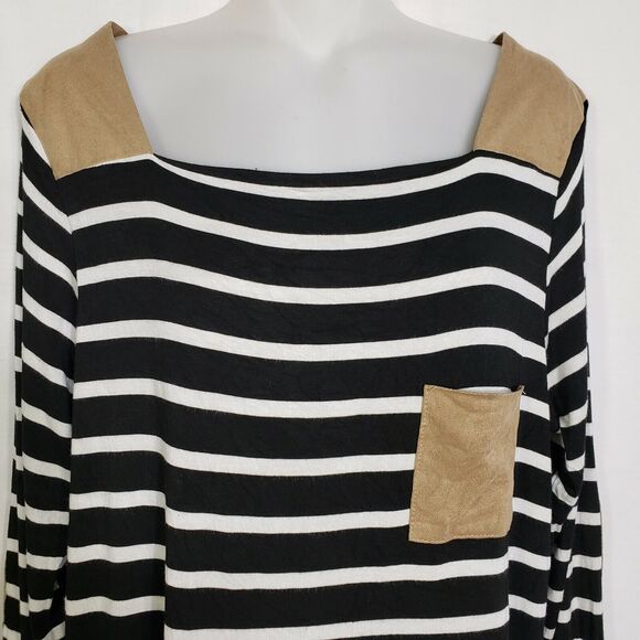 First Look Womens Tunic Top Large Black White Striped Knit Elbow Patches Pocket - Picture 3 of 9